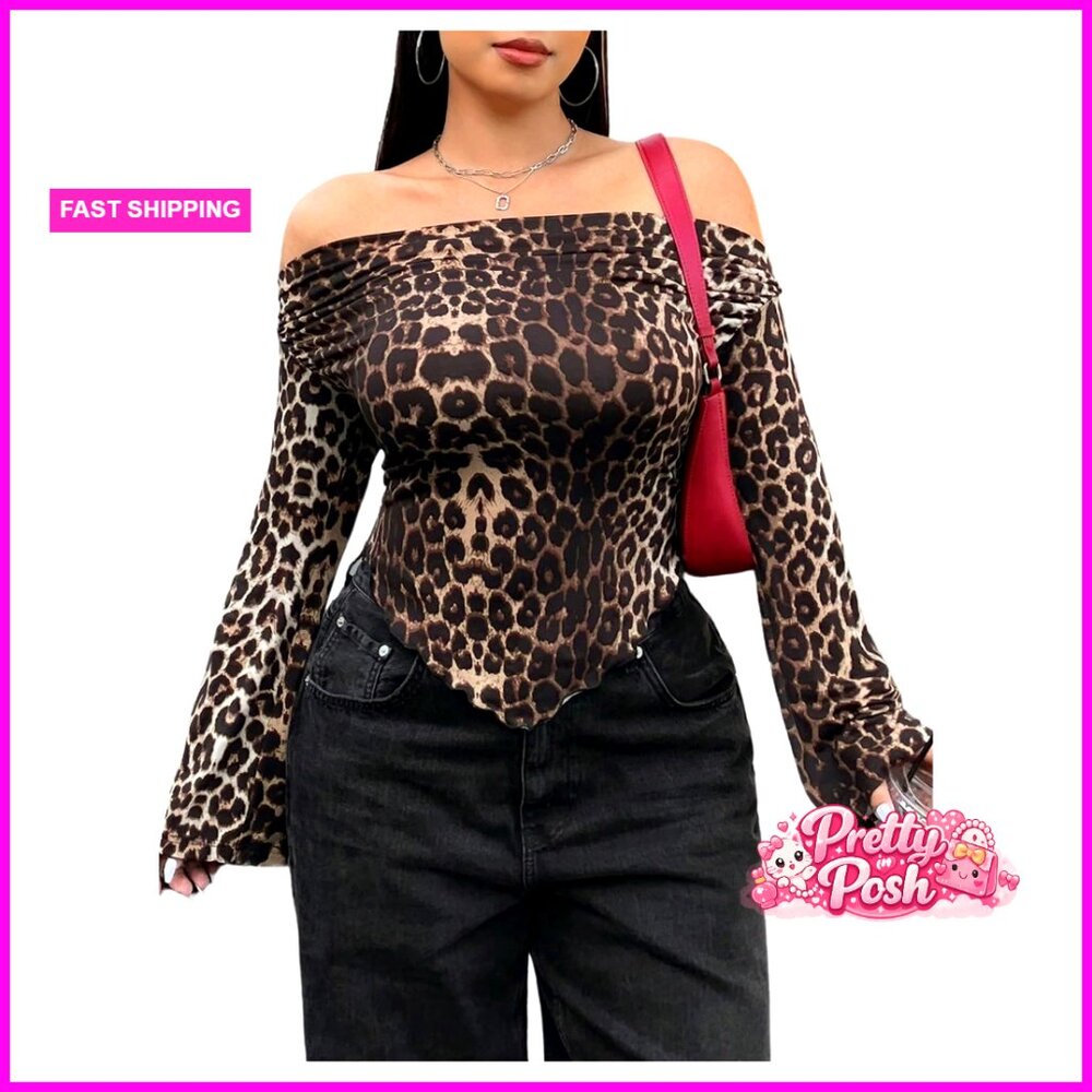 Polyester Elastane Off Shoulder Peasant Top Flare Sleeve Graphic Tee